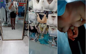 黑丝少妇逛商场，内衣店挑选内衣，试衣间换上紫薇喷水，弄一地，最后全买了